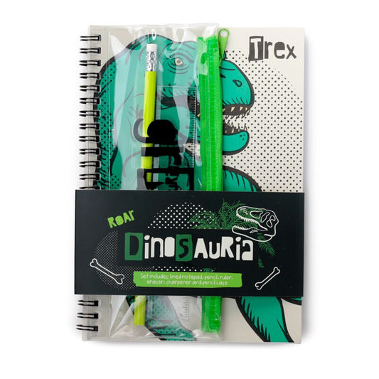Dinosauria Ring Bound Notepad & Pencil Case 6 Piece Stationery Set - Note and Nib