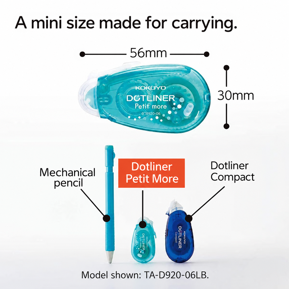 English Dotliner Petit More size comparison showing 56 mm length and 30 mm height