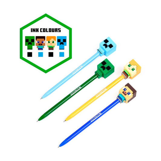 Set of 4 Erasable Pens with Minecraft Chibi Style Silicone Topper - Note and Nib
