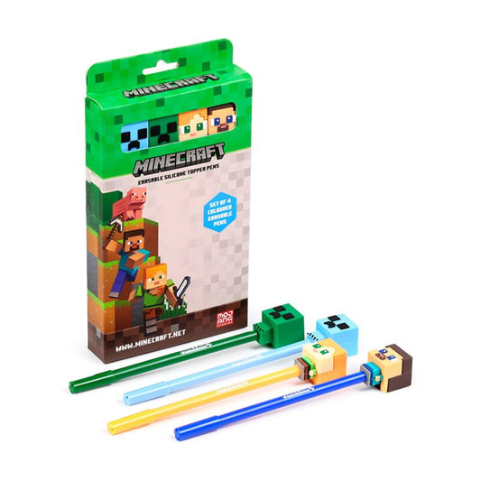 Set of 4 Erasable Pens with Minecraft Chibi Style Silicone Topper - Note and Nib