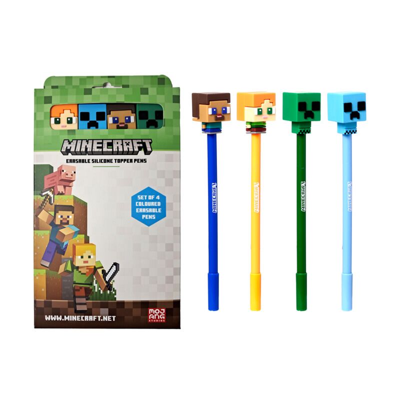 Set of 4 Erasable Pens with Minecraft Chibi Style Silicone Topper - Note and Nib