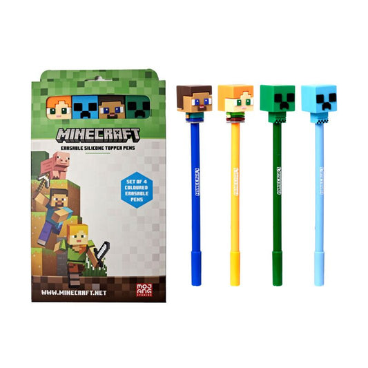 Set of 4 Erasable Pens with Minecraft Chibi Style Silicone Topper - Note and Nib