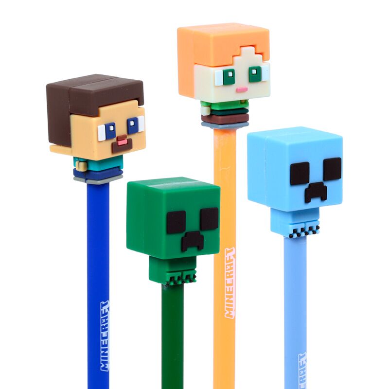 Set of 4 Erasable Pens with Minecraft Chibi Style Silicone Topper - Note and Nib