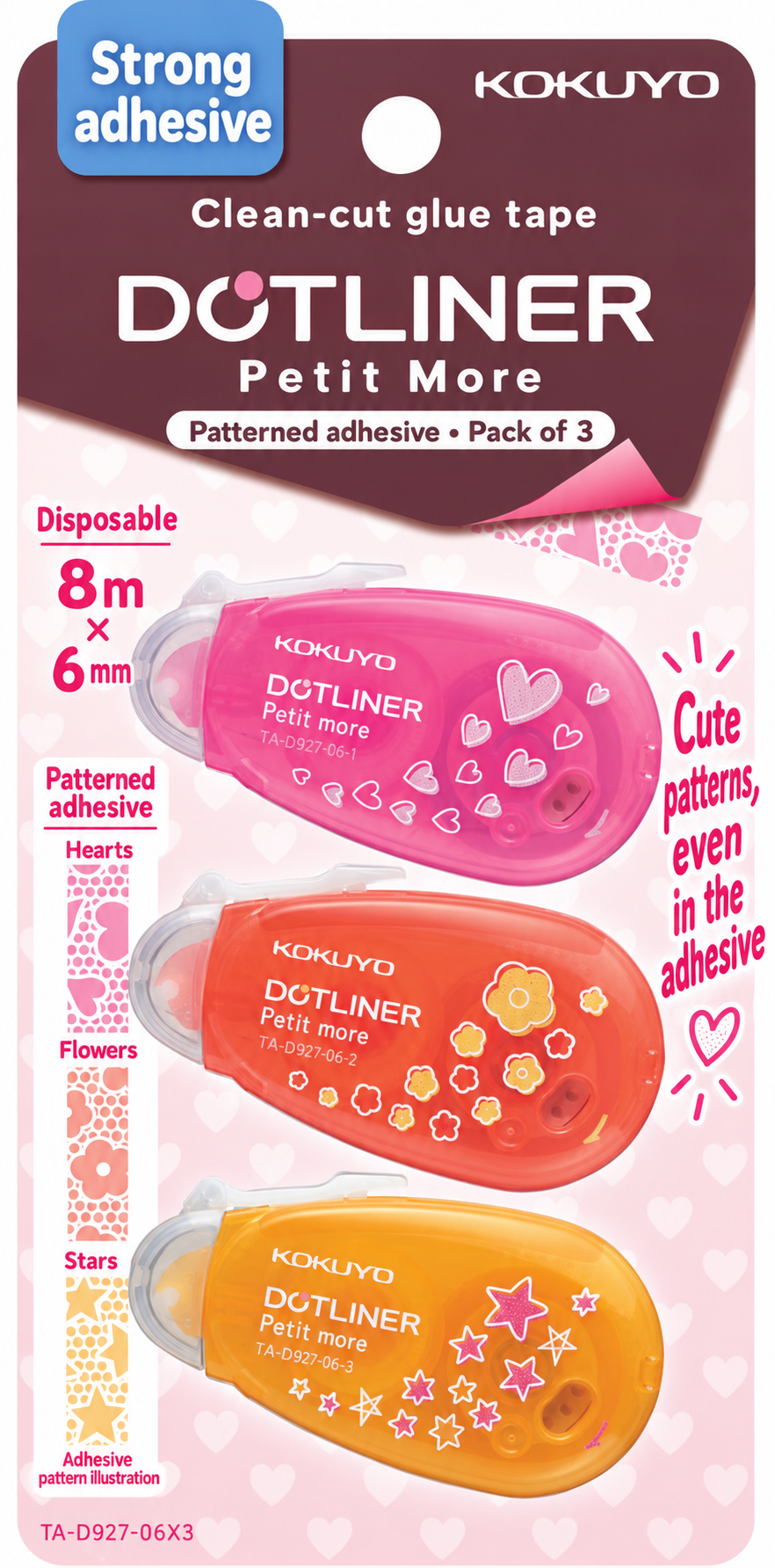 English version of Dotliner Patterned three pack with hearts flowers and stars, 6 mm by 8 m per roller