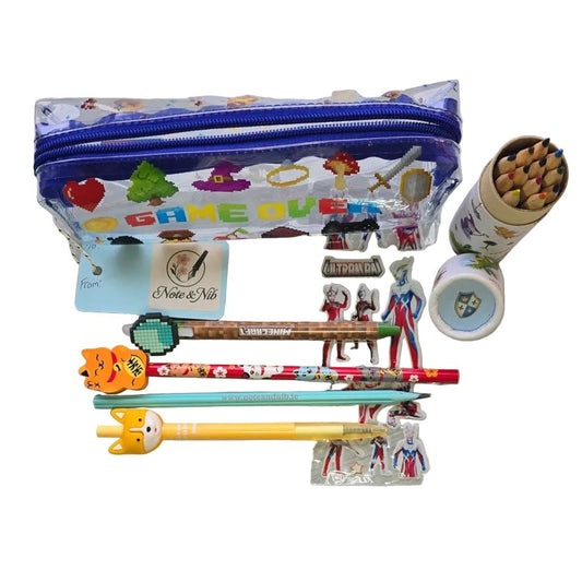 Game Over Bundle - Pencil Case, Colouring Pencil, Minecraft Erasable Pen and More... - Note and Nib