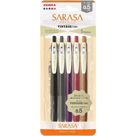 Zebra Sarasa Clip Vintage Colour Gel Ink Pens - 5 Colours 0.5mm JJ15 - 5C - VI2 - N - Note and Nib